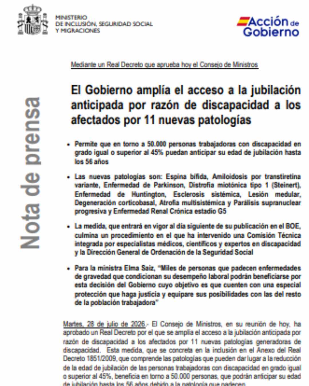 El Gobierno amplía el acceso a la jubilación anticipada por razón de discapacidad a los…