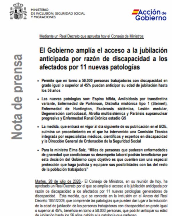 El Gobierno amplía el acceso a la jubilación anticipada por razón de discapacidad a los…